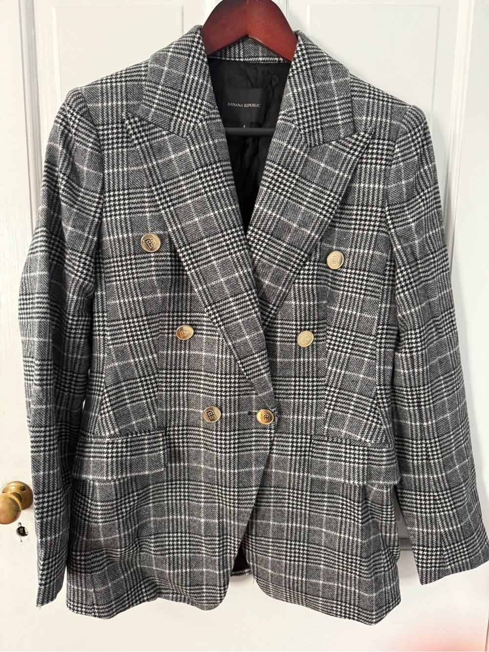 Banana Republic Gray Plaid Double-Breasted Blazer with Gold Buttons